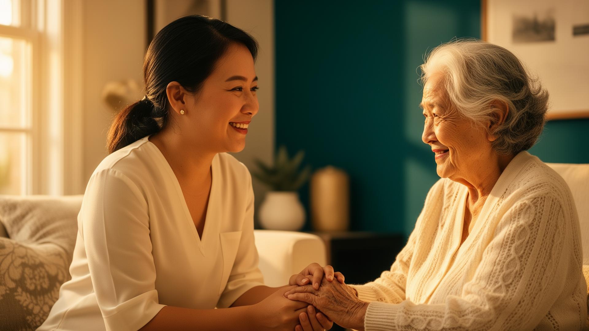 Filipino caregiver holding hands with a smiling elderly woman